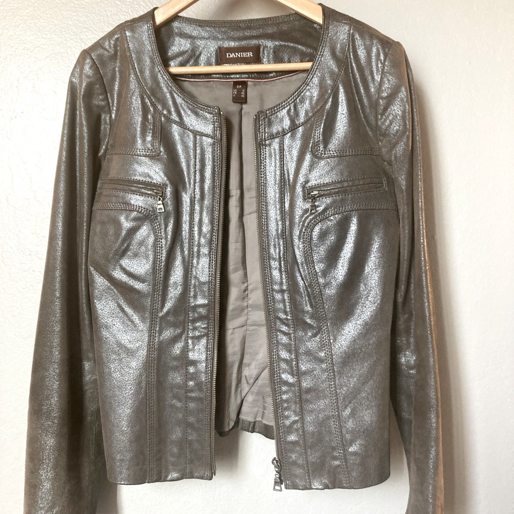 Metallic distressed leather jacket